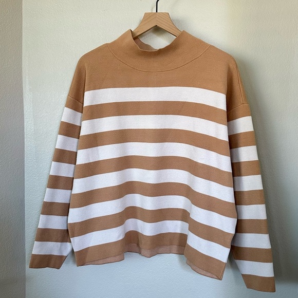 ANTHROPOLOGIE XL MAEVE The Carys Mock Neck Sweater in Neutral Motif Stripe - Picture 3 of 12